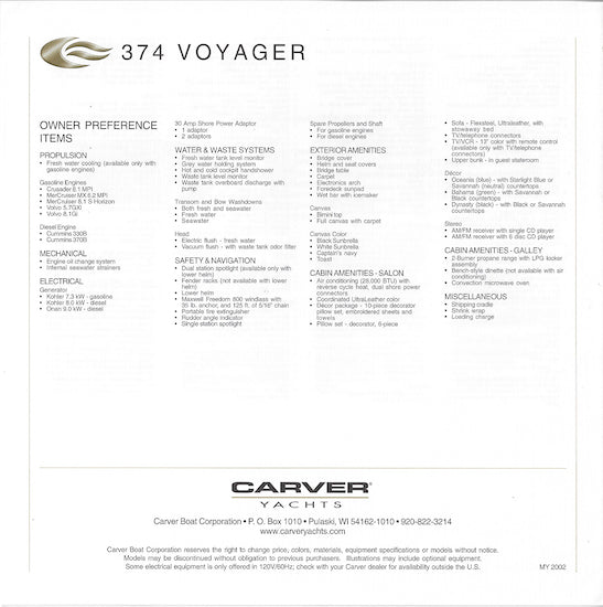 Carver 374 Voyager Specification Brochure (2002)
