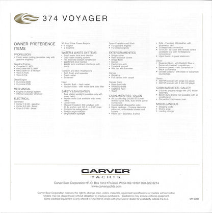 Carver 374 Voyager Specification Brochure (2002)