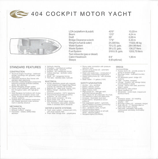 Carver 404 Cockpit Motor Yacht Specification Brochure (2002)