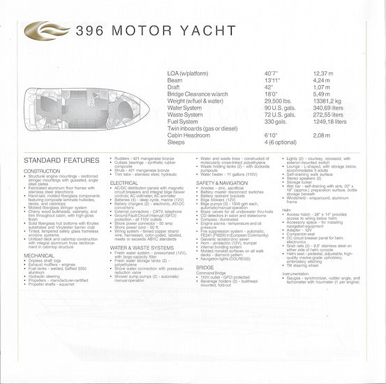 Carver 396 Motor Yacht Specification Brochure (2002)