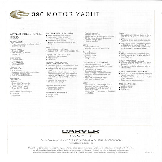 Carver 396 Motor Yacht Specification Brochure (2002)