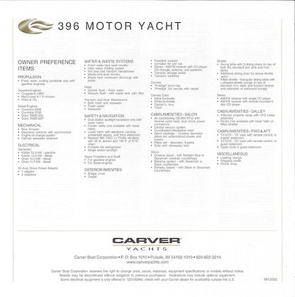 Carver 396 Motor Yacht Specification Brochure (2002)