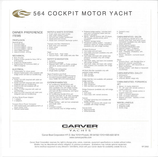 Carver 564 Cockpit Motor Yacht Specification Brochure (2002)