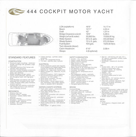Carver 444 Cockpit Motor Yacht Specification Brochure (2002)