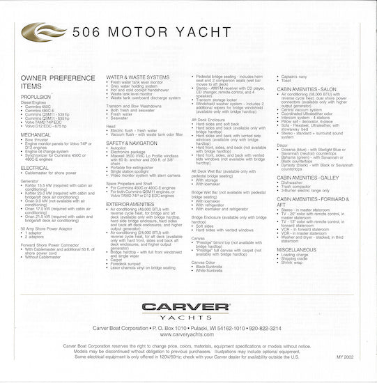 Carver 506 Motor Yacht Specification Brochure (2002)