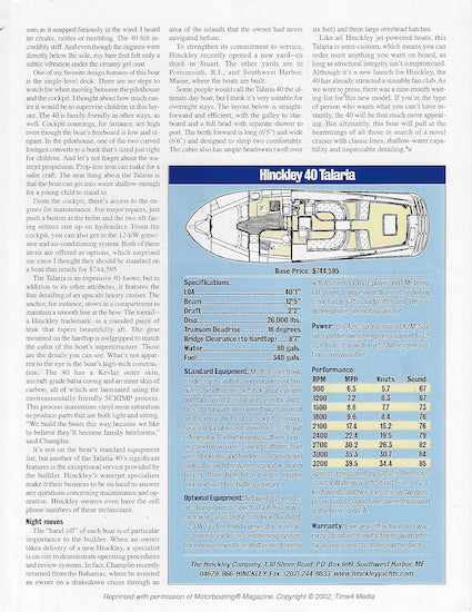 Hinckley Talaria 40 Motorboating Magazine Reprint Brochure