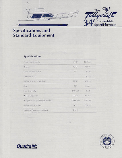 Tollycraft 34 Convertible Sportfisherman Specification Brochure