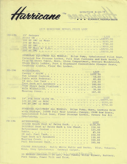 Hurricane 1979 Pontoon Brochure
