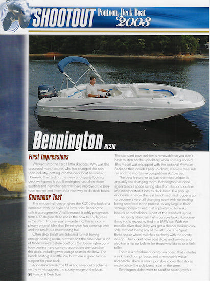 Bennington RL210 Pontoon & Deck Boat Magazine Reprint Brochure