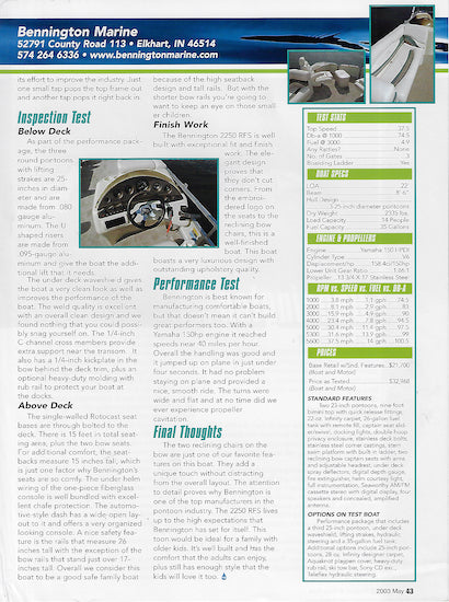 Bennington 2250 RFS Pontoon & Deck Boat Magazine Reprint Brochure
