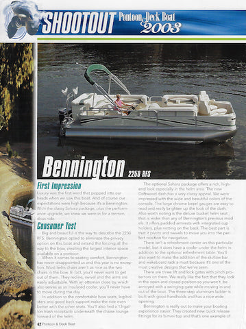 Bennington 2250 RFS Pontoon & Deck Boat Magazine Reprint Brochure