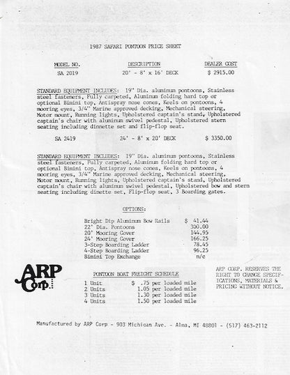 Safari 1987 Pontoon Brochure