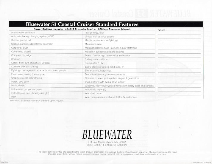 Bluewater 53 Coastal Cruiser Specification Brochure