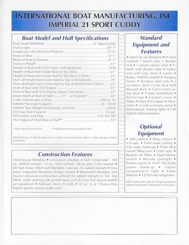 Imperial 21 Sport Cuddy  Specification Brochure