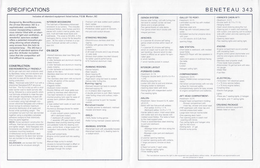 Beneteau 343 Specification Brochure