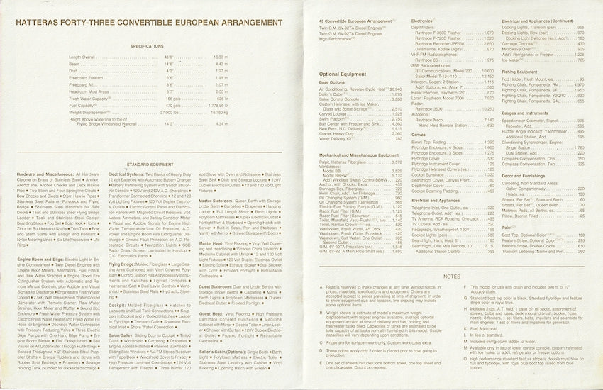 Hatteras 43 Convertible European Arrangement Specification Brochure