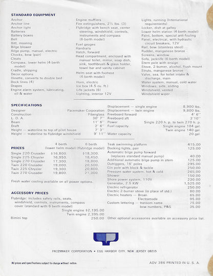 Pacemaker 30 Sport Fisherman Specification Brochure