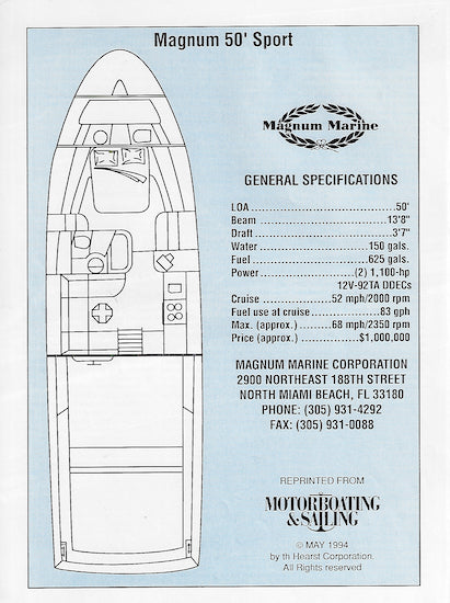 Magnum 50 Motorboating & Sailing Magazine Reprint Brochure
