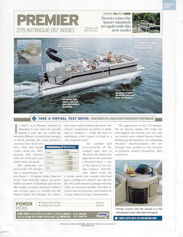 Premier Boating Life Buyers Guide Intrigue 275 Magazine Reprint Brochure