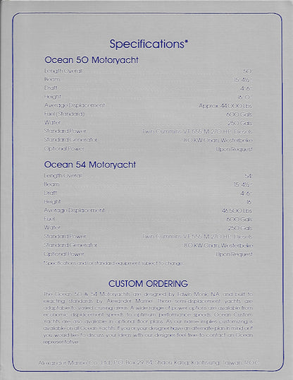 Ocean Alexander 50 & 54 Motor Yacht Specification Brochure