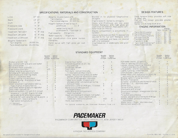 Pacemaker 38 Sedan Fisherman & Double Cabin Cruiser Brochure