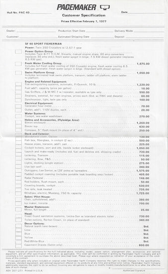 Pacemaker SF40 Sport Fisherman Specification Brochure