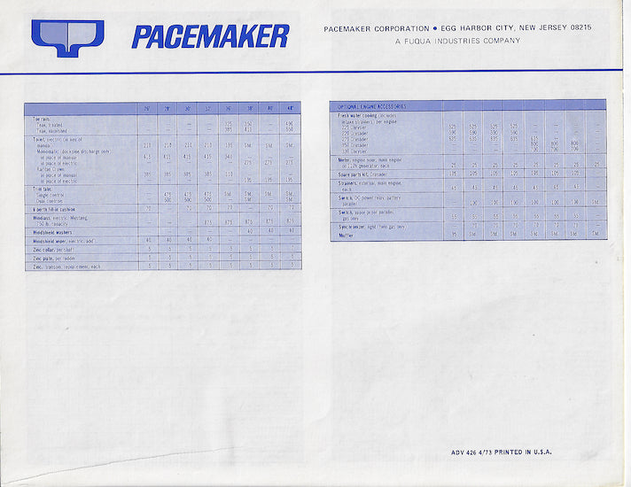 Pacemaker 1973 Accessory & Options Price List Brochure