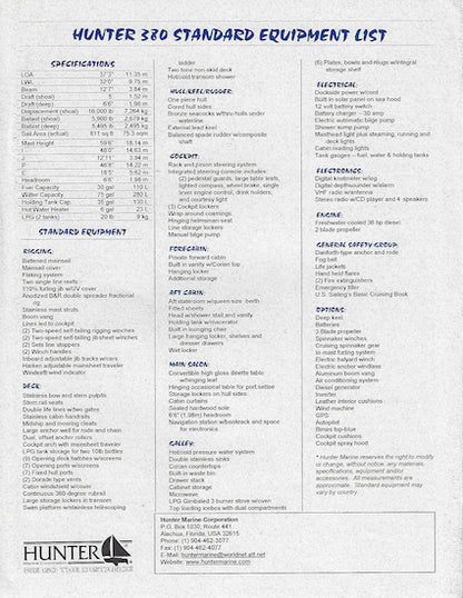Hunter 380 Specification Brochure