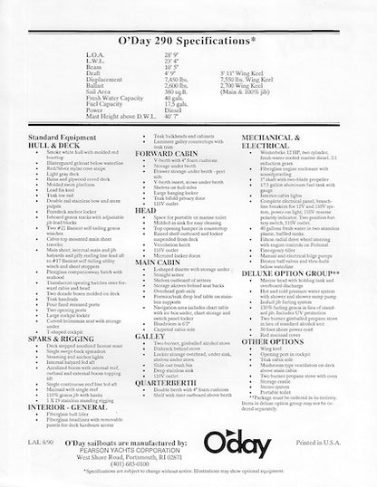 O'Day 290 Specification Brochure