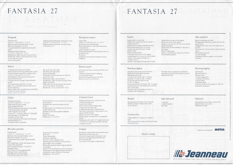 Jeanneau Fantasia 27 Specification Brochure
