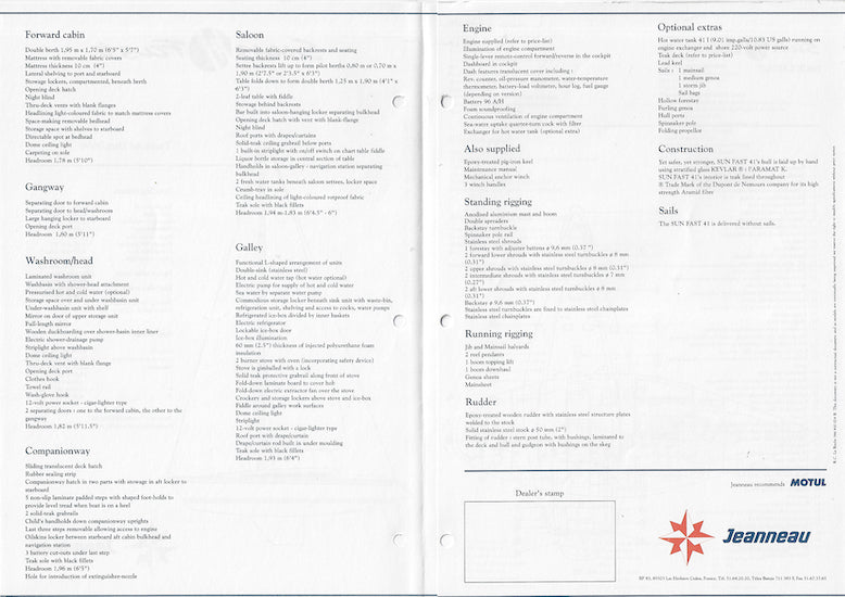 Jeanneau Sun Fast 41 Specification Brochure