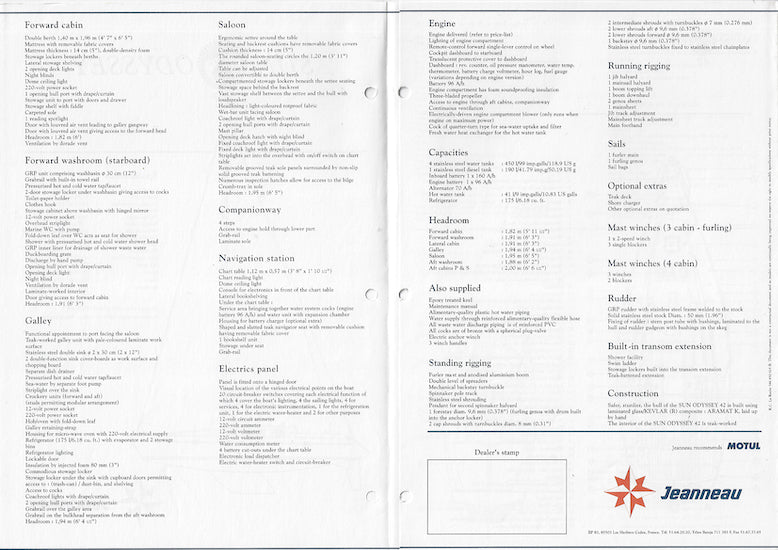 Jeanneau Sun Odyssey 42 Specification Brochure