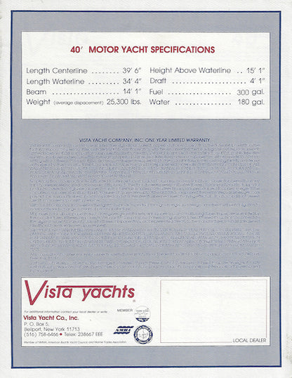 Vista 40 Motoryacht Specification Brochure