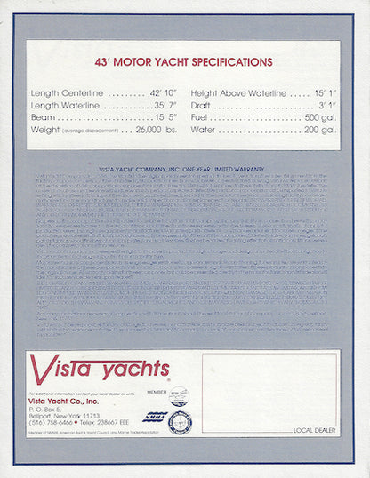 Vista 43 Motoryacht Specification Brochure
