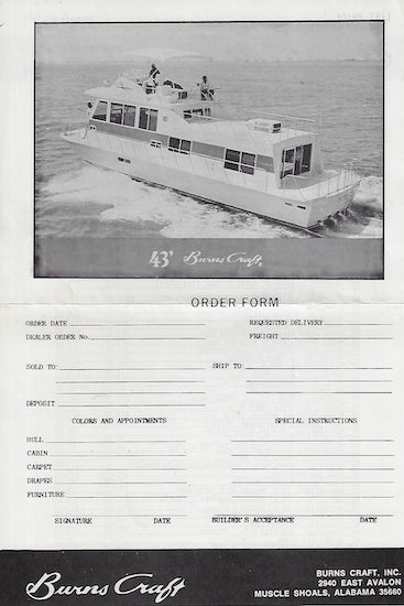 Burns Craft Houseboat 38 & 43 Order Form