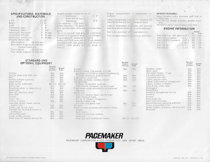Pacemaker Alglas 38 Sedan Fisherman & Double Cabin Cruiser Brochure