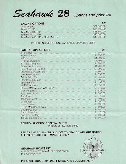 Seahawk 28 Specification Brochure