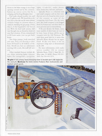 Splendor Platinum 240 Pontoon & Deckboat Magazine Reprint Brochure