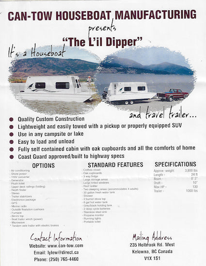 Can Tow L’il Dipper Houseboat Brochure