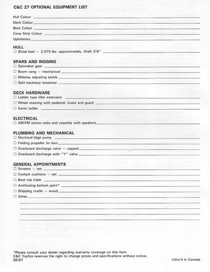 C&C 27 Mark V Specification Brochure