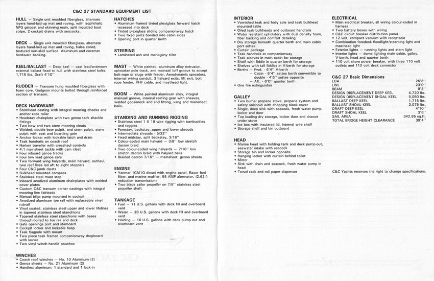 C&C 27 Mark V Specification Brochure