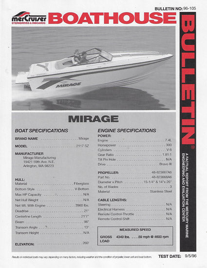 Mirage 211SZ 7.4L Engine Test Specifications