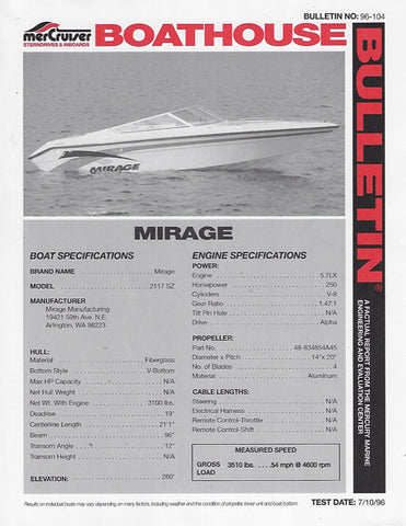 Mirage 211SZ 5.7LX Engine Test Specifications